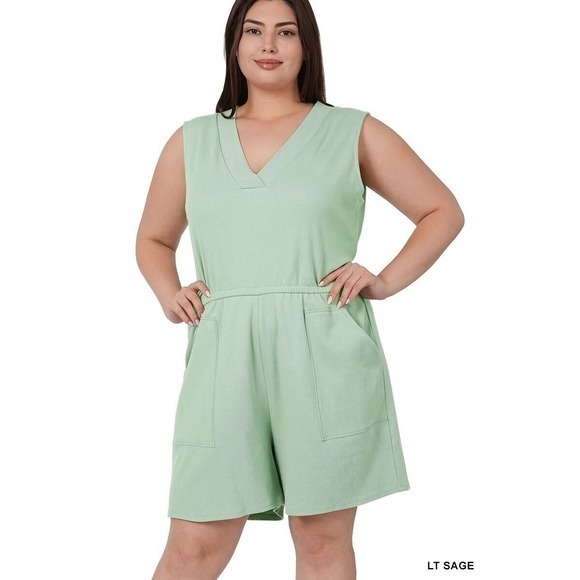 Zenana Sleeveless V-Neck Romper With Pockets In Light‎ Sage Plus Size 1X - Picture 1 of 3